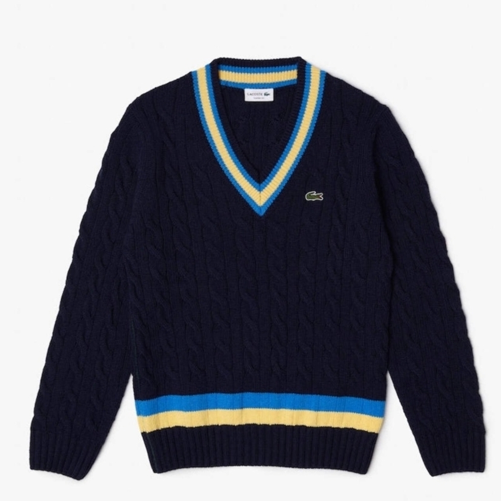 Lacoste Blue V-Neck Sweater with Striped Trim